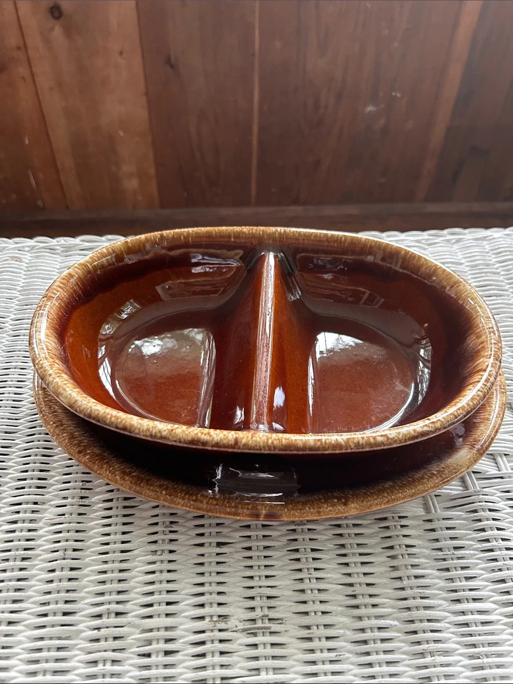 Hull Glazed Brown Ceramic Divided Serving Dish - Double Compartment and Platter